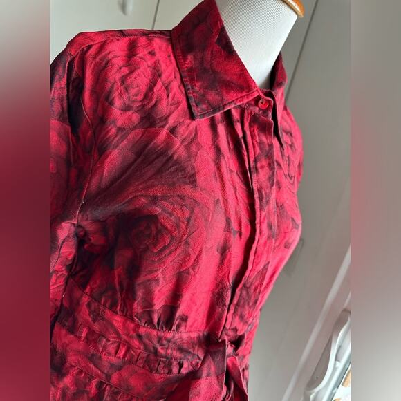 Vintage Womens Silk Blouse Floral Print Chili Red/Black 90s Designer Formal - Picture 4 of 11